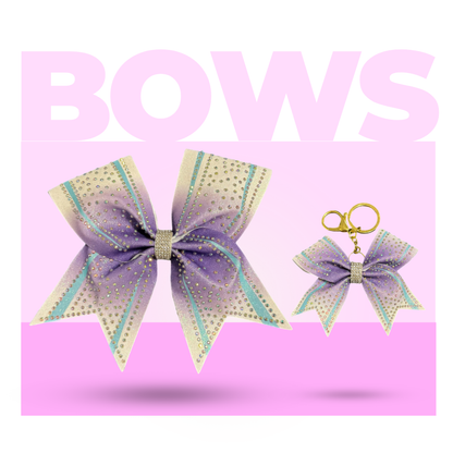 Cream and Purple Cheer Bow Hair Accessory with Glittering Rhinestones