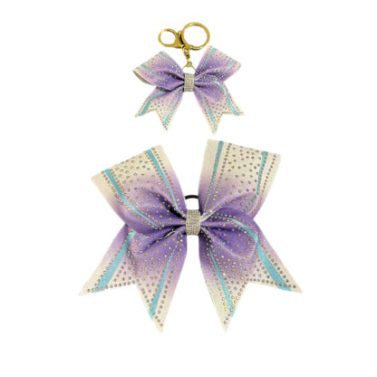 Cream and Purple Cheer Bow Hair Accessory with Glittering Rhinestones